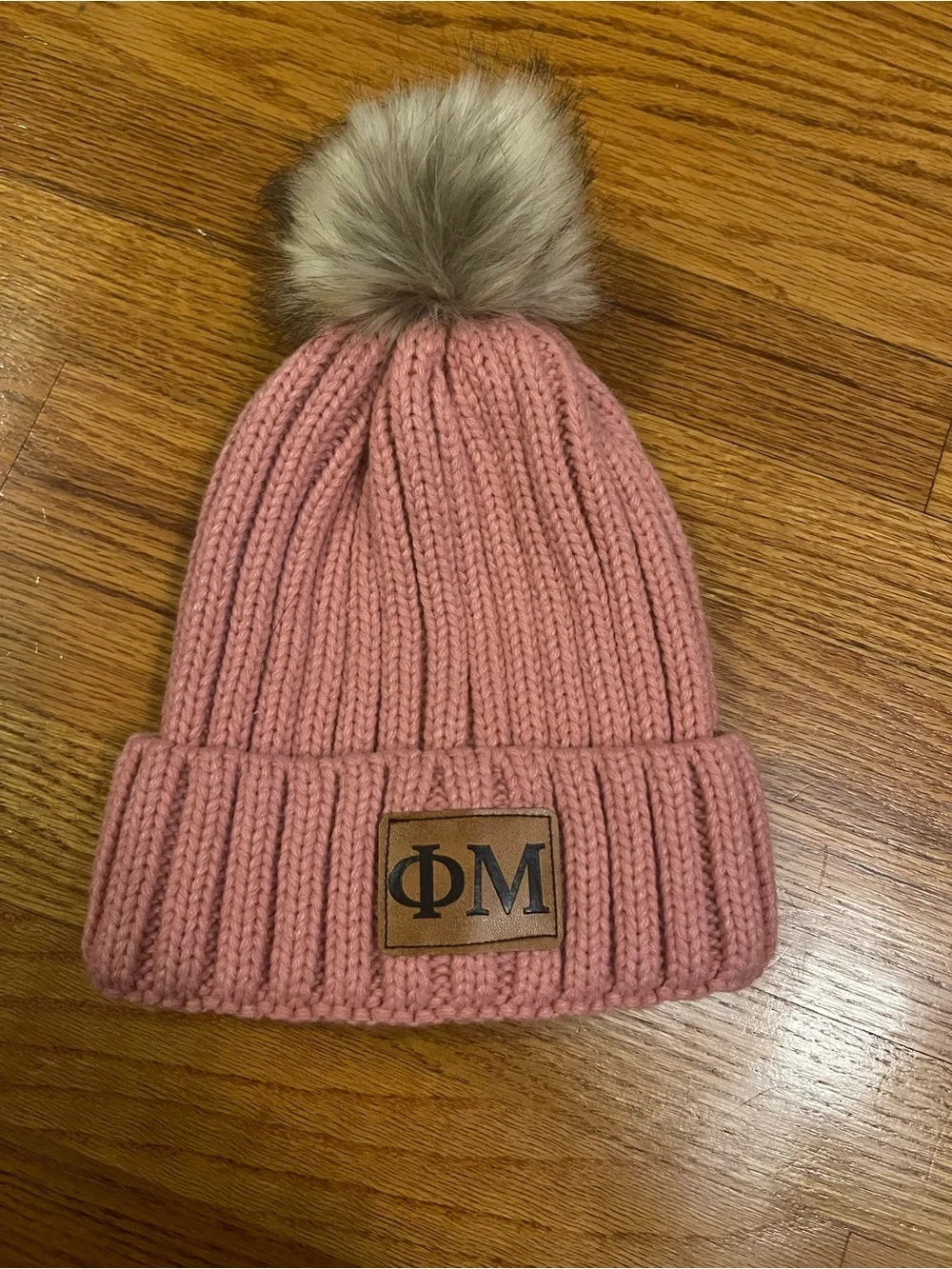 Pink Phi Mu Beanie with Faux Fur Pom